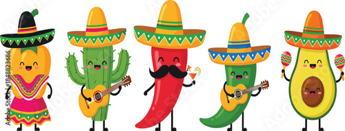 Charming vector set of five cute kawaii Mexican characters including a chili pepper, cactus, and avocado wearing sombreros and playing music for festive fiesta designs.