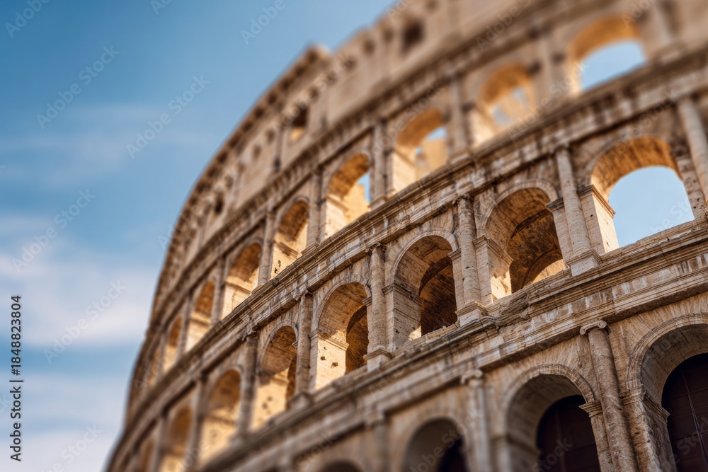 Fototapeta premium Ancient amphitheater structure facade features tiered arches against a bright blue sky