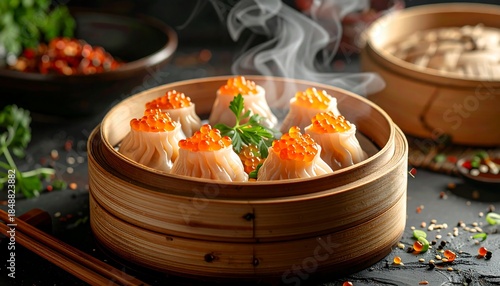 Steaming dumplings topped with orange roe in a bamboo steamer basket, surrounded by scattered ingredients