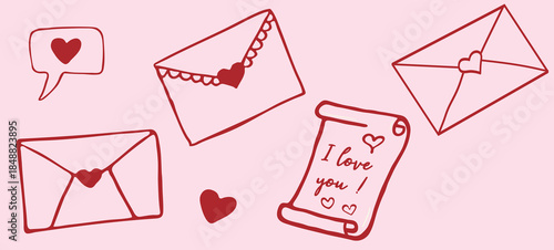 Vector set of hand drawn envelopes and a scroll with "I love you" text and hearts. Cute pink doodle style for romantic messages, weddings, and greeting card designs.