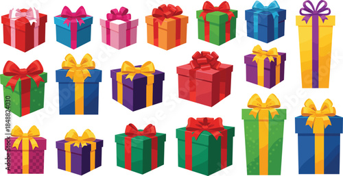 Vector illustration set of eighteen colorful gift boxes in various shapes and sizes featuring decorative ribbons and bows for birthdays, holidays, and celebrations.