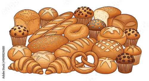 Colorful cartoon illustration of a large assortment of freshly baked goods, including various breads, croissants, muffins, bagels, and pretzels.