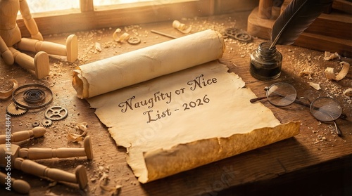 Vintage style Naughty or Nice scroll and quill pen on Santa's workshop desk.