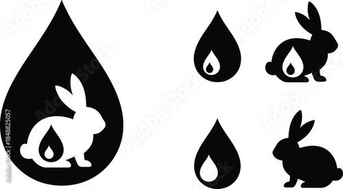 Cruelty free cosmetics symbol with rabbit and blood drop silhouettes, animal testing awareness illustration, ethical beauty, laboratory testing ban, vegan skincare and protection concept