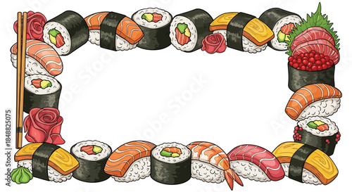 Colorful rectangular frame made from various Japanese sushi and rolls like salmon nigiri and tuna maki, with a blank center space for text.