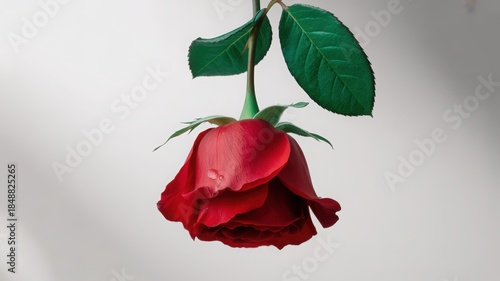 Single Red Rose with Water Droplets Hanging Upside Down on White Background flower bloom