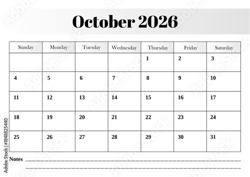 Minimalist October 2026 calendar vector design with a clear weekly layout and modern styling