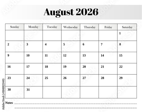 August 2026 monthly calendar vector design featuring a clean, minimal grid layout with clearly labeled weekdays and a notes section