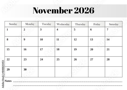 November 2026 monthly calendar vector design with a structured grid, bold date layout, and minimal typography