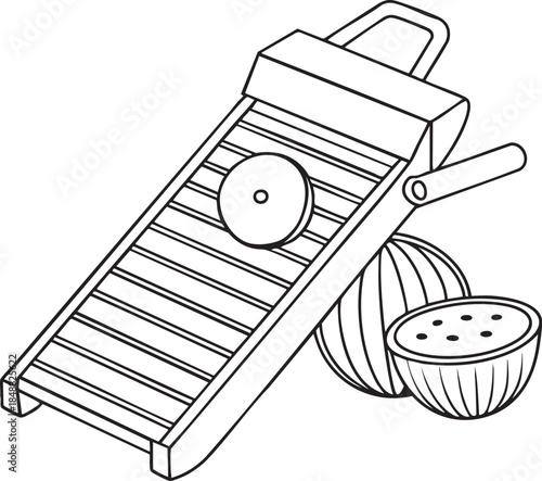 Coconut grater outline illustration showing traditional tools used for preparing shredded coconut in cooking tasks