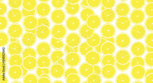 Bright and refreshing seamless pattern of overlapping yellow lemon slices on a white background, creating a vibrant, citrus-themed abstract design.