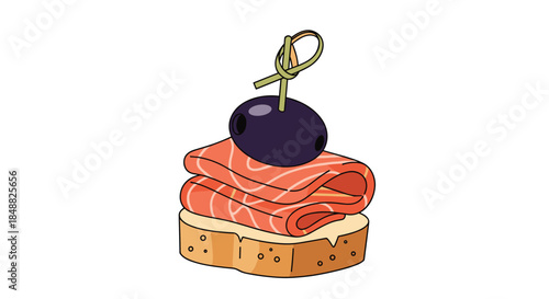 Delicious-looking canape with folded smoked salmon and a single black olive on a slice of bread, secured with a knotted toothpick.