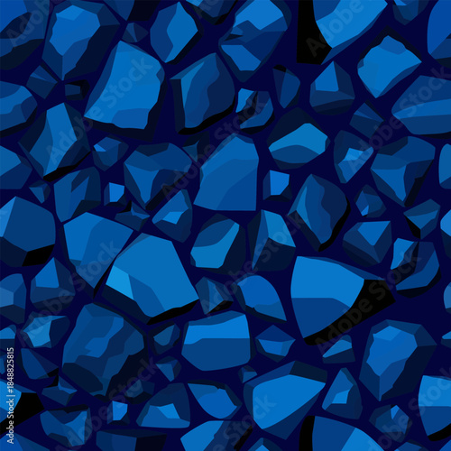 A seamless pattern of blue stones of various shapes and sizes on a dark background. Abstract background. Vector illustration in shades of blue for interior design and wallpaper.