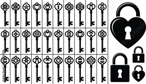 Ornate key puzzle grid, lock matching challenge, visual discrimination test, black silhouette design, pattern recognition concept