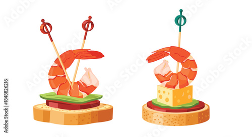 Two delicious-looking canapes on toast, one with shrimp and avocado and the other with shrimp and cheese, presented on decorative toothpicks.