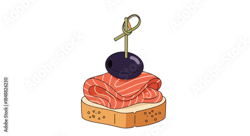 Cartoon illustration of a savory canape featuring folded smoked salmon and a black olive skewered with a knotted toothpick on a slice of bread.