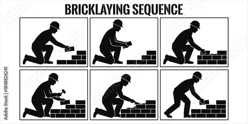 Bricklaying sequence illustration with text and six panels construction worker