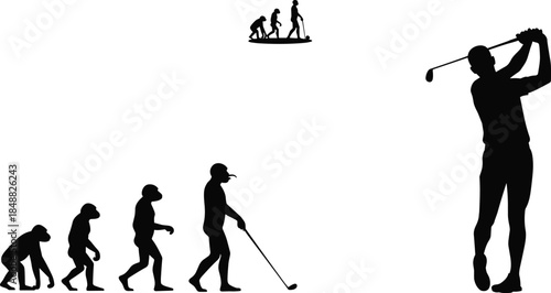 Human evolution to golfer silhouette illustration, progress and sports concept, golfing swing stages, fitness lifestyle, achievement, development, history to modern athlete transformation artwork