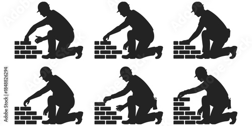 Bricklayer Silhouette Figures Kneeling and Laying Bricks on White Background Keywords: bricklayer, silhouette, man, person