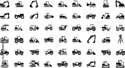 Collection of construction equipment icons in black and white machinery vehicle