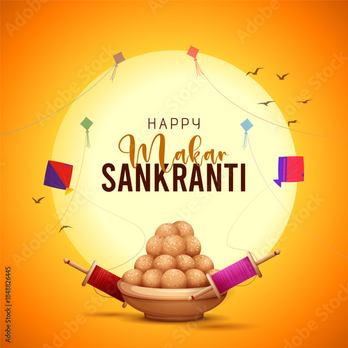 happy makar sankranti festival background with kites flying, and sweets pot on yellow sunrise background