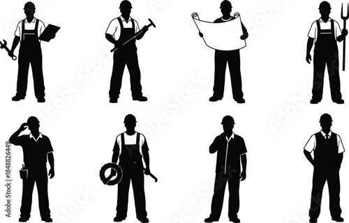 Collection of worker silhouettes in various poses with tools and blueprints construction industry