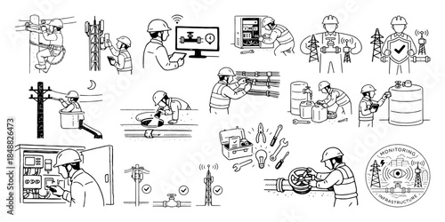 インフラ管理と点検作業を行う作業員の線画イラストセット、Infrastructure management and inspection worker line illustration set