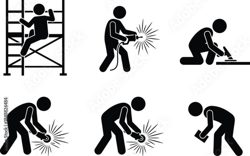 Construction and industrial worker icons with welding grinding and climbing silhouette