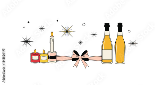 Chic and modern illustration for a celebration, featuring wine bottles, candles, a stylish bow, and sparkling stars in a minimalist line art style.