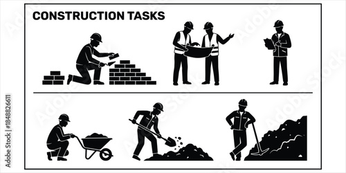 Construction Tasks Title Card with Worker Silhouettes Keywords: construction, tasks, worker, builder, silhouette, man, male
