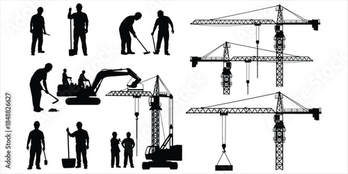 Construction site silhouettes with workers, excavator, and multiple tower cranes building