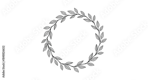 Elegant and simple circular wreath made of delicate, hand-drawn branches and leaves in a black and white line art style for invitations or logos.