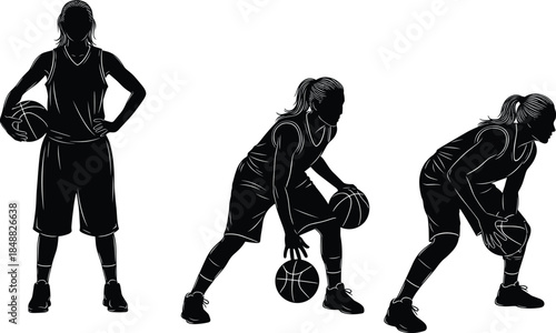 Basketball player silhouette poses showing dribbling, control, athletic stance and readiness for sports training, coaching, fitness, and team strategy concepts.