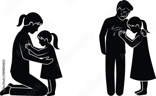 Parent comforting child silhouette illustration, emotional support and family bonding concept, love, care, protection, trust, guidance, parenting moments and heartfelt human connection artwork