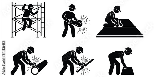 Construction Worker Icon Set Silhouettes on White Background Keywords: construction, worker, icon, silhouette, man, person