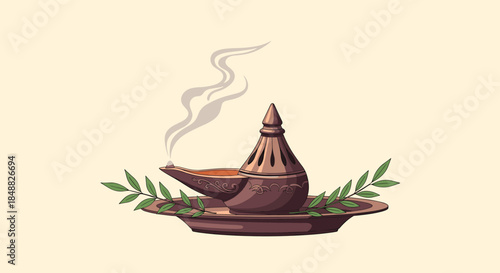 Vintage illustration of an antique clay oil lamp with smoke rising from the wick, resting on a decorative plate with olive branches.