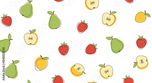 Seamless pattern of cute, hand-drawn fruits including whole and sliced apples, pears, and strawberries with a simple outline on a white background.