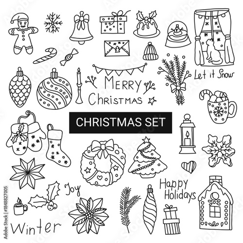 A set of Christmas vector doodles on a white background, isolated.