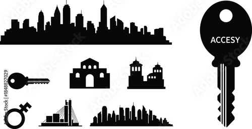 Real estate icons set with city skyline, buildings and keys, property access and ownership concept illustration, urban housing, architecture, investment, security and rental management symbols