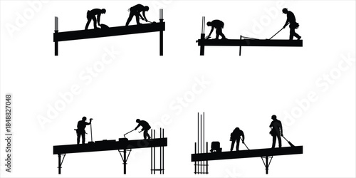 Construction workers in silhouette performing various tasks on scaffolding building