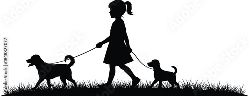 Silhouette of little girl walking dogs on leashes, childhood pet care illustration, outdoor прогулка, companionship, responsibility, love for animals, family l