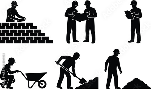 Construction Workers Silhouettes Performing Various Building Tasks Keywords: construction, worker, builder, silhouette, man