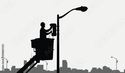 Street Light Maintenance Worker Silhouette on City Background