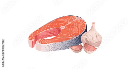 Fresh, raw salmon steak with a whole garlic bulb and cloves, illustrated in a simple, clean cartoon style perfect for recipe or menu design.