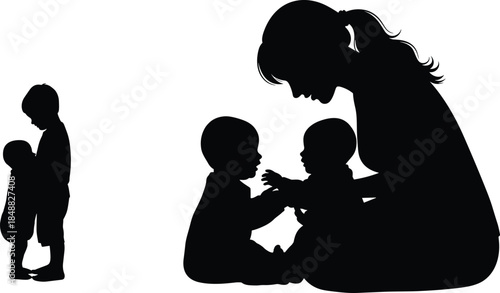 Silhouette of mother caring for babies, maternal love and bonding illustration, family nurturing, childcare, tenderness, parenting, early childhood connection