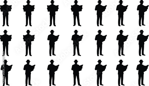 Grid of silhouettes of men in hats reading newspapers on white background male person