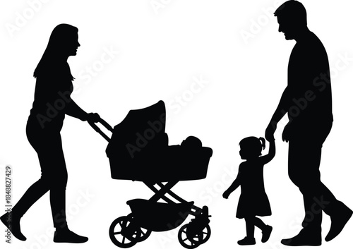 Silhouette of parents walking with baby stroller and toddler, happy family parenting illustration, childcare routine, love,