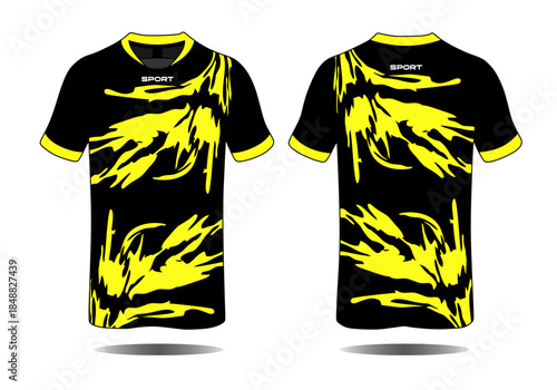 Sporty Black and Yellow T-shirt Design with Dynamic Abstract Patterns and Modern Look