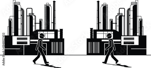 Industrial factory buildings with walking figures and shadows on white background plant refinery