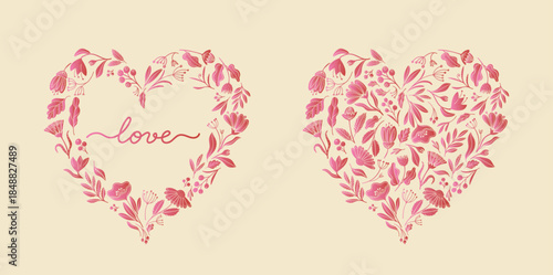 Floral Heart Wreath Romantic Lovely Vector Set
